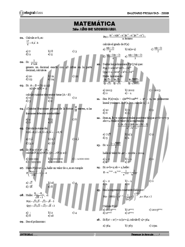 Preguntas de Matemáticas 2° Secundaria | PDF | División (Matemáticas ...