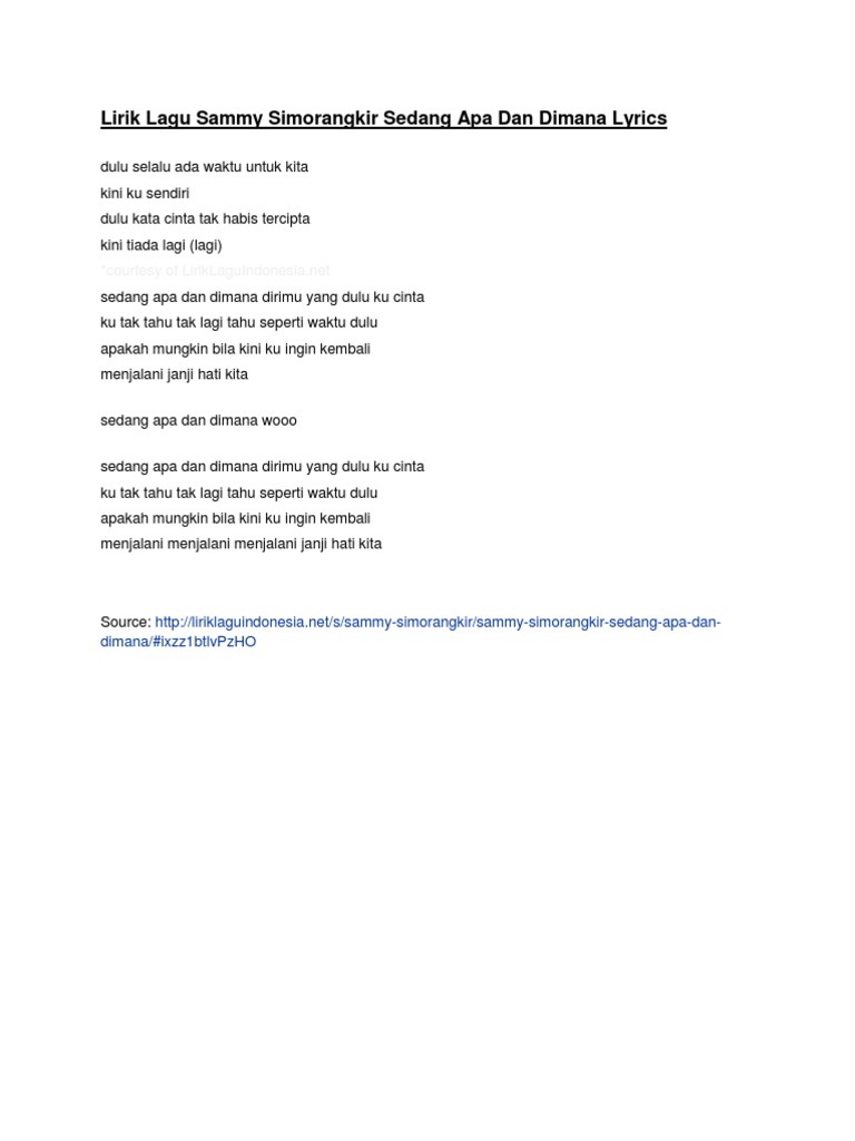 Lirik Lagu Sammy Simorangkir Sedang Apa Dan Dimana Lyrics Pdf