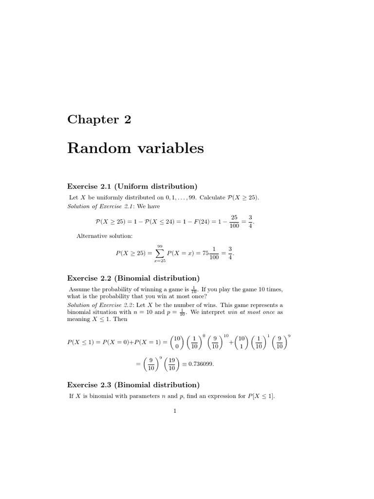 Random Variables: Exercise 2.1 (Uniform Distribution) | PDF ...