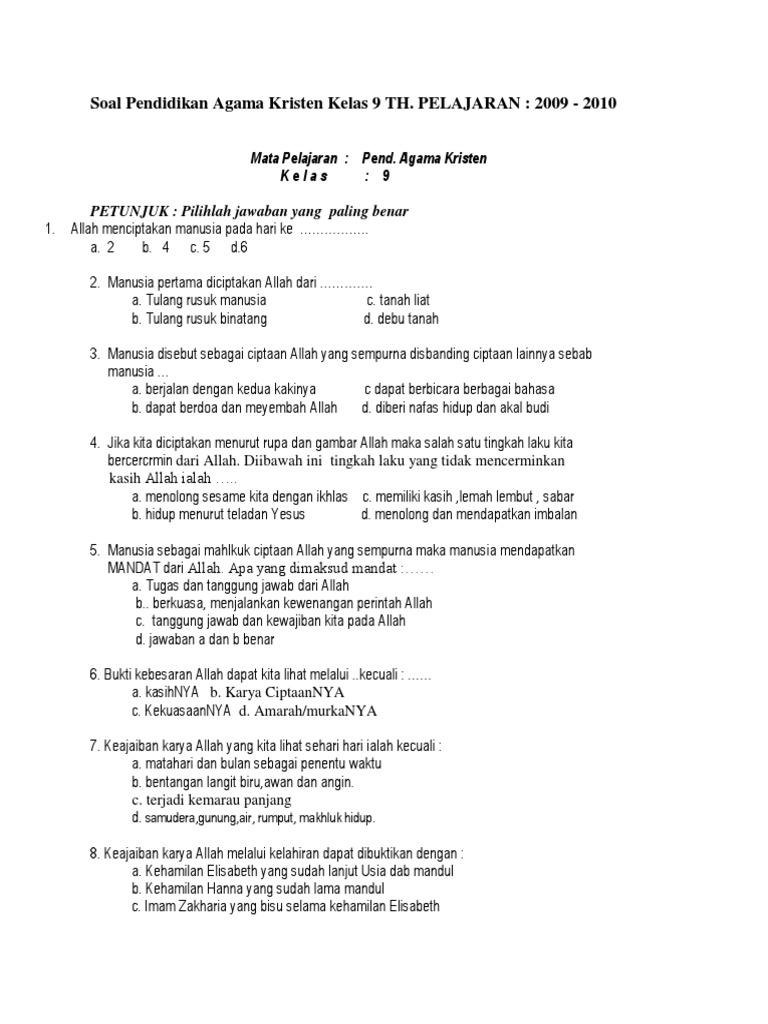 Soal Ulangan Agama Kristen Kelas 5 Semester 2 Helmi Kediris