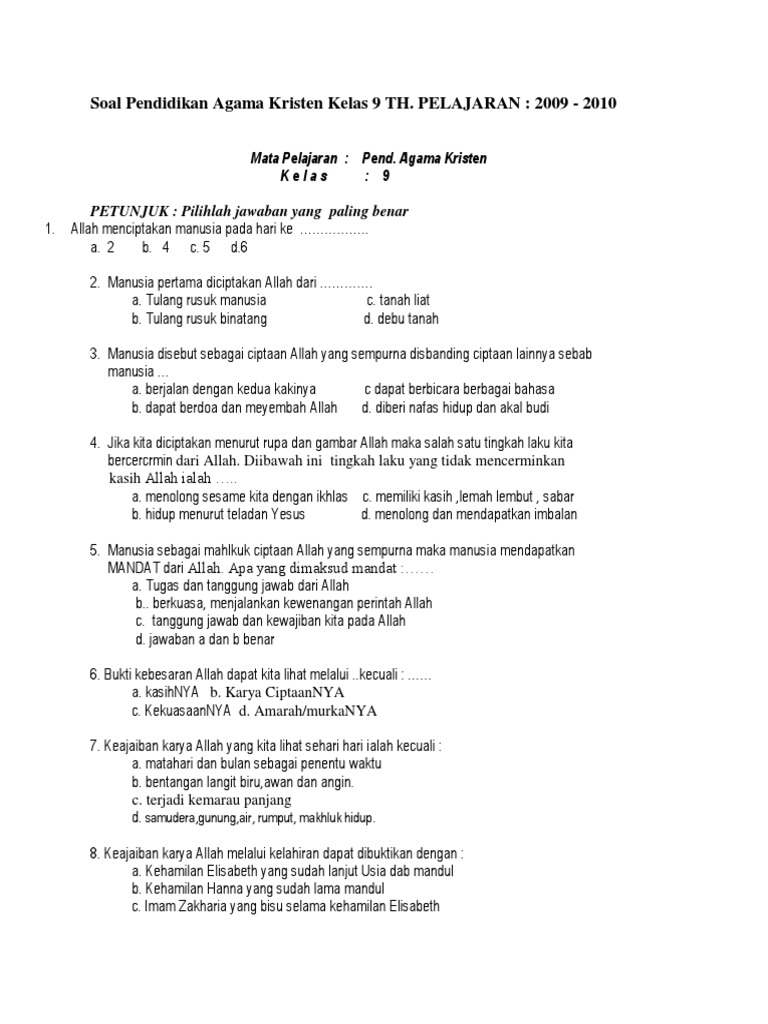 Contoh Soal Agama Kristen Kelas 11