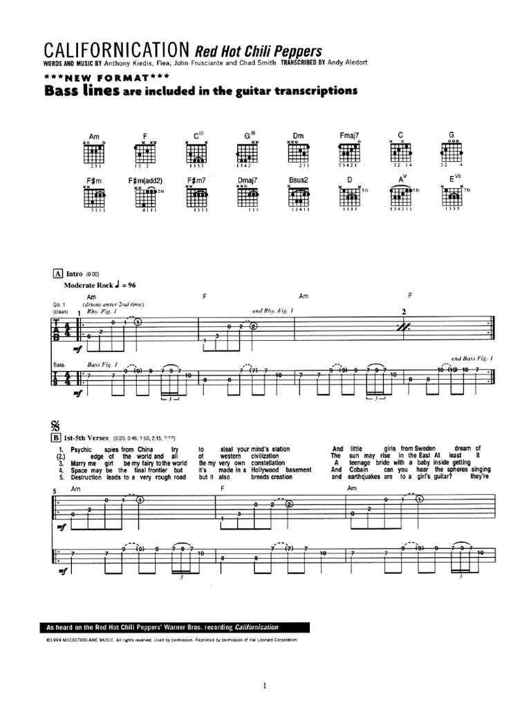 Red Hot Chilli Peppers Californication Guitar Tabs PDF