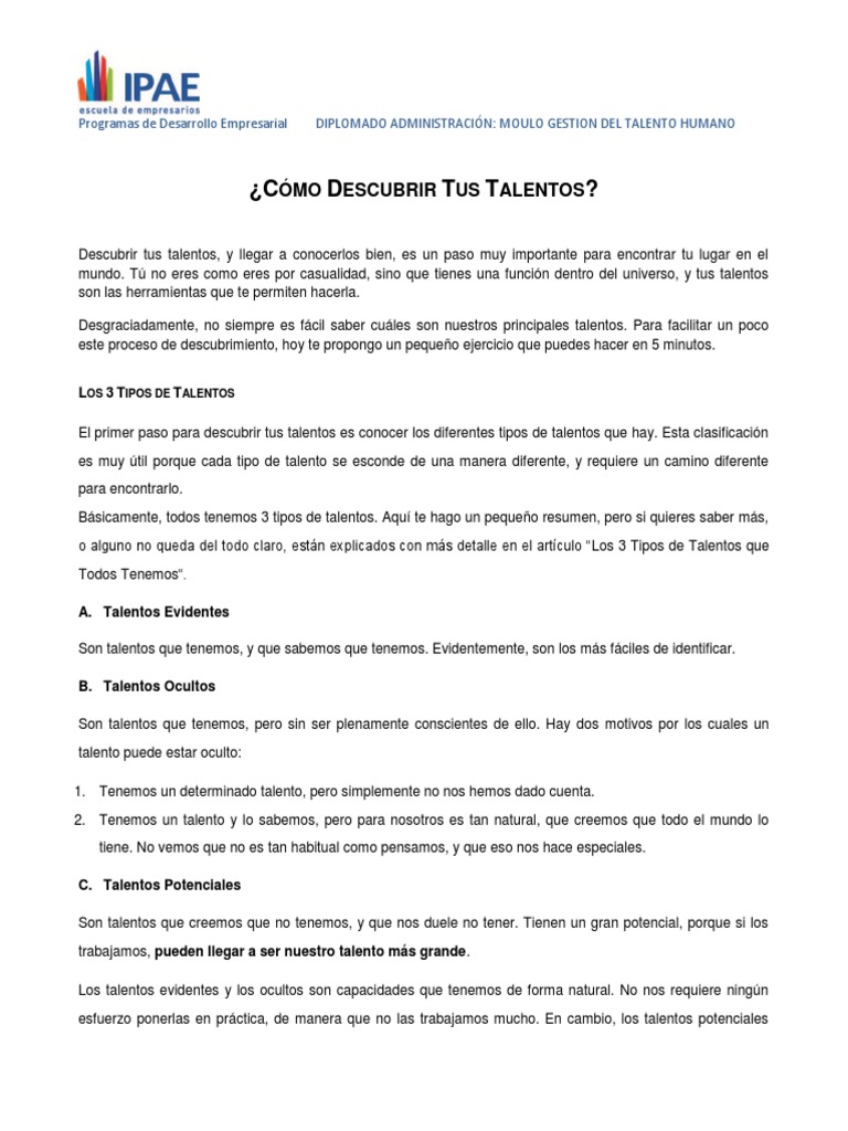 Descubre tus talentos ocultos y evidentes | PDF | Gestión del talento ...