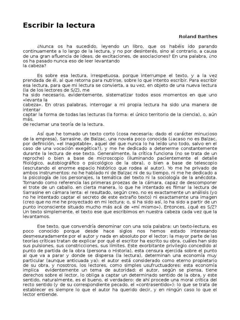 Escribir la lectura según Barthes | PDF | Lectura (proceso) | Autor