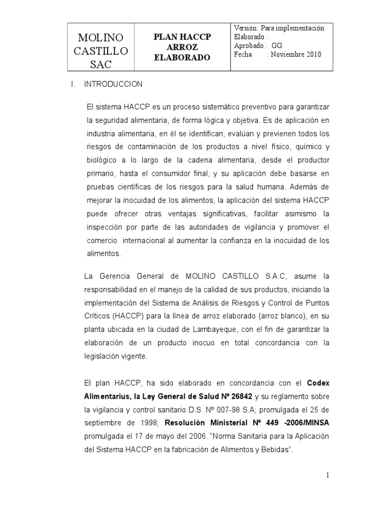 Plan HACCP para Arroz en Molino Castillo | PDF | Análisis de Riesgo y ...