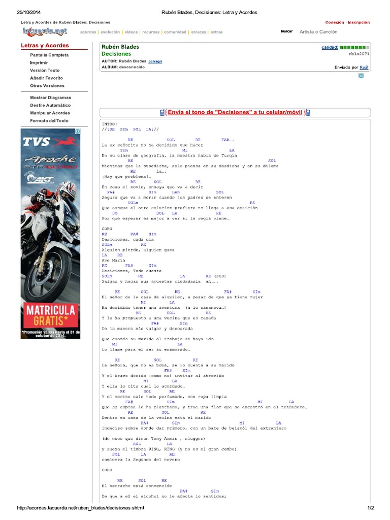 Rubén Blades, Decisiones - Letra y Acordes PDF | PDF