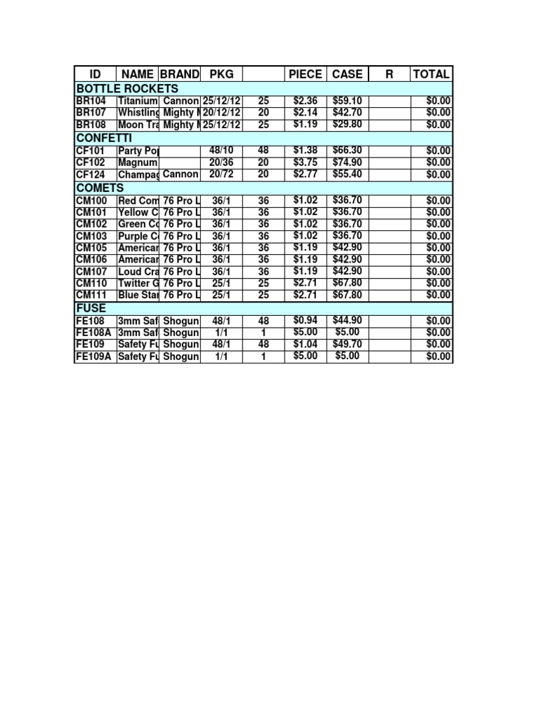 Fireworks and Fuse Product List | PDF | Sports & Recreation | Home & Garden