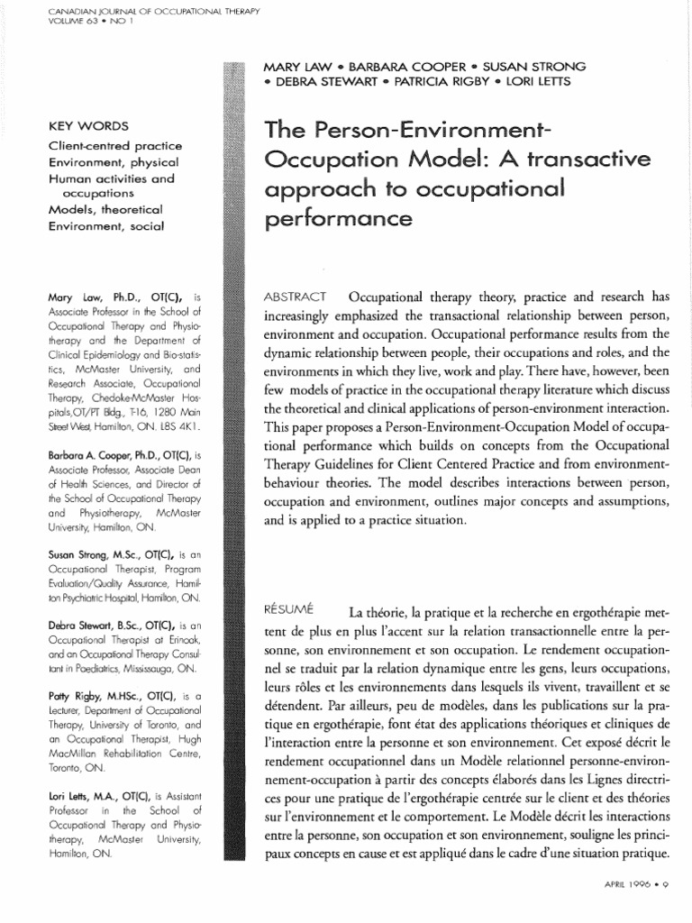 The Person Environment Occupation (PEO) Model of Occupational Therapy