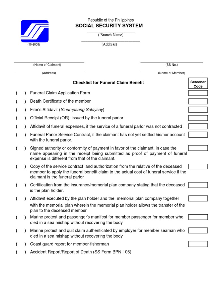 SSS Funeral Checklist Identity Document Government And Personhood