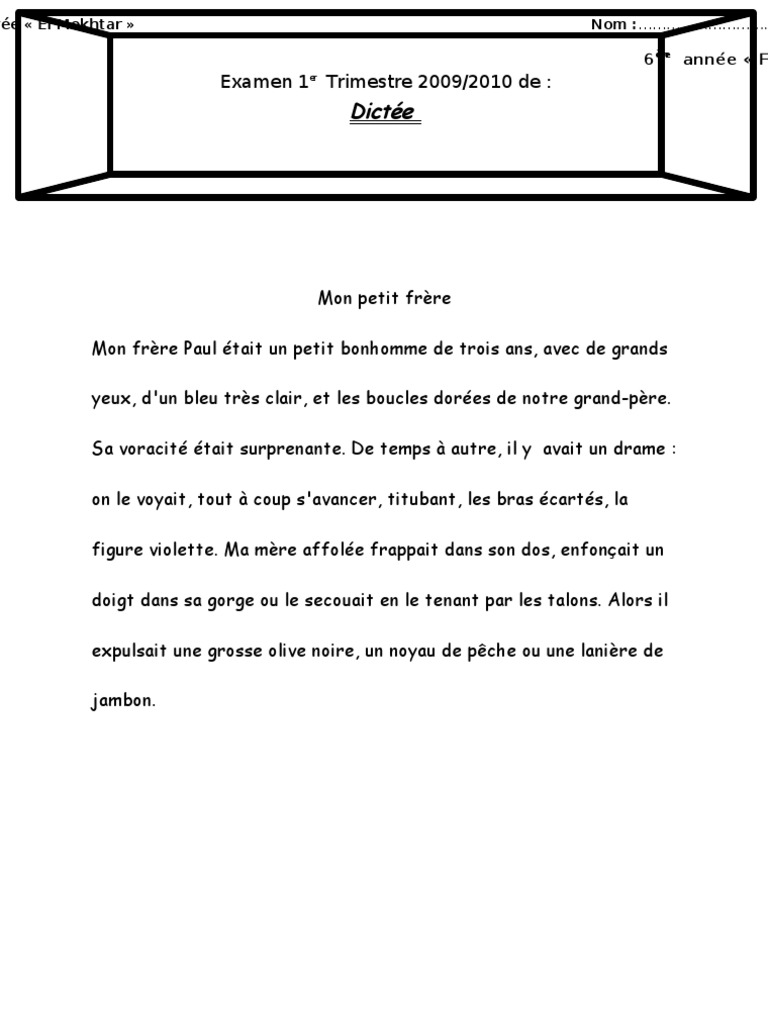 Examen 6eme De Dictee 1er Tr 09 10 Pdf