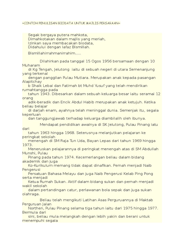 Contoh Penulisan Biodata Untuk Majlis Persaraan