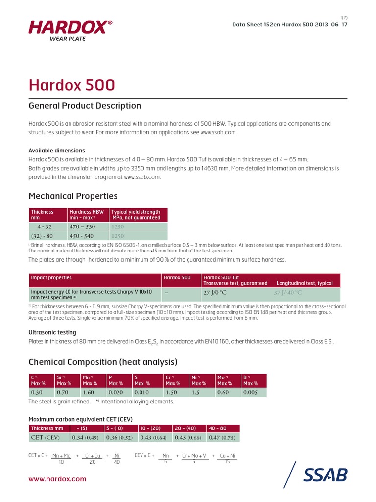 Hardox 500 Technical Specifications | PDF | Hardness | Strength Of ...