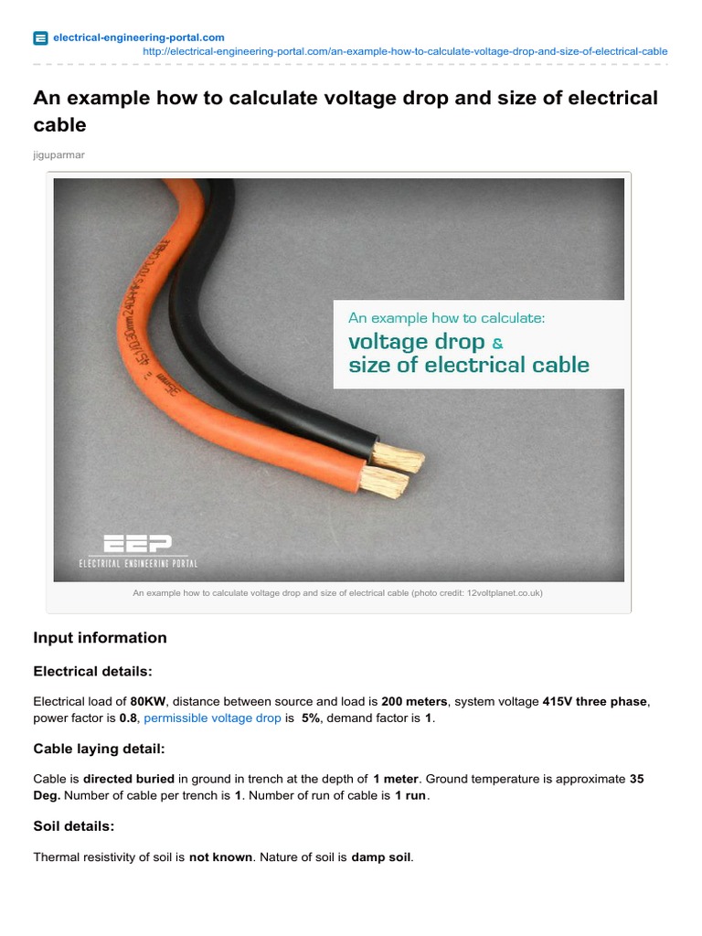 An Example How to Calculate Voltage Drop and Size of Electrical Cable
