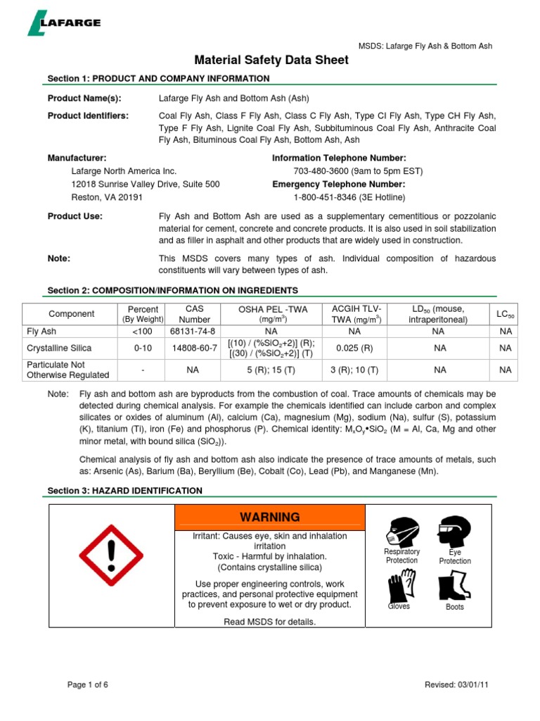Material Safety Data Sheet MSDS Lafarge Fly Ash & Bottom Ash