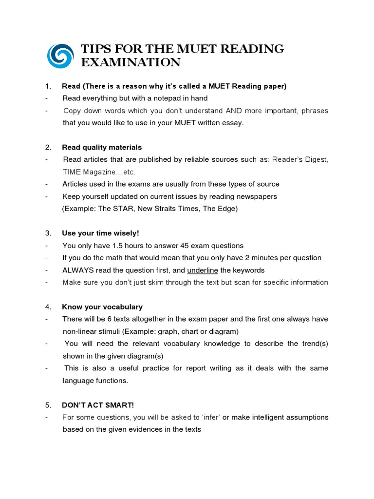 Tips For The Muet Reading Examination | PDF | Vocabulary | Test ...