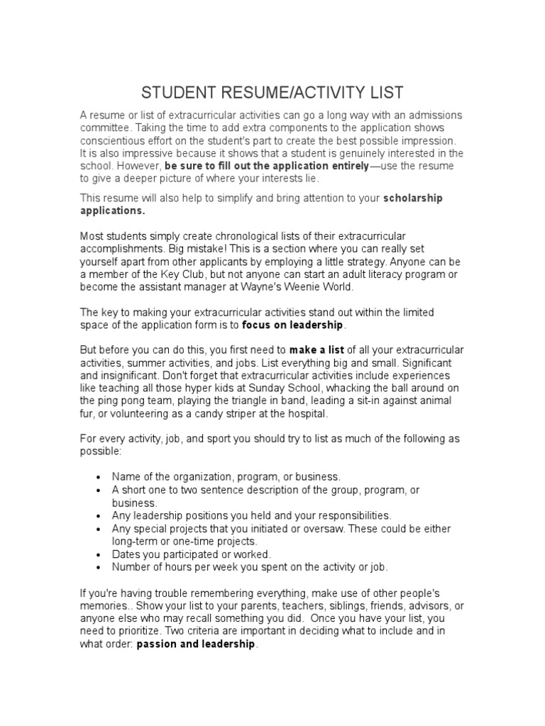 Student Resume/Activity List: Applications | PDF