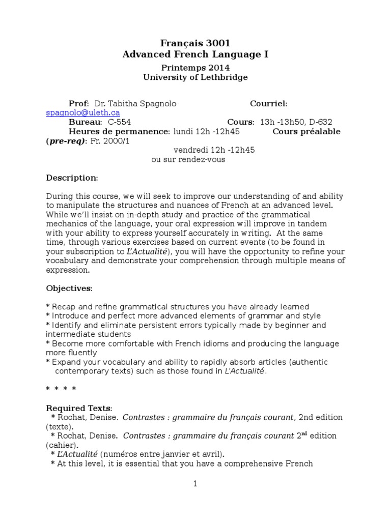 Advanced French Language Course Outline | PDF | Grammar | Semiotics