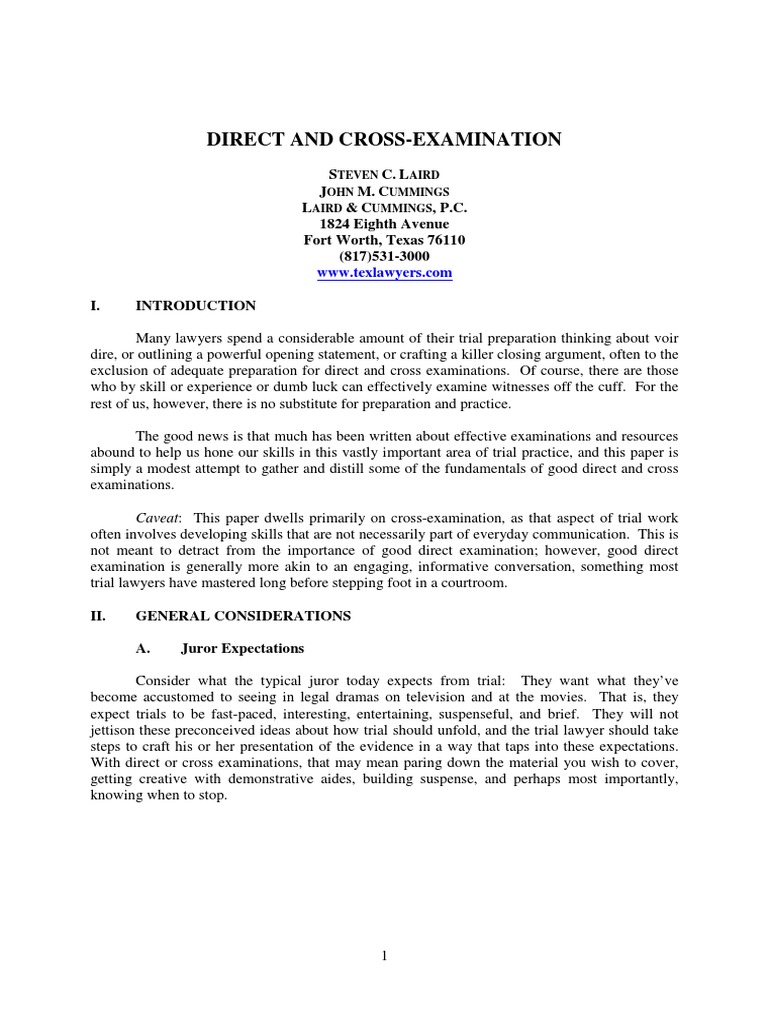 Direct and Cross Examination Cross Examination Witness