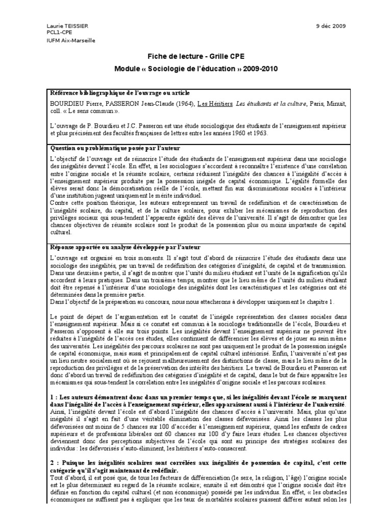 Grille Fiche de Lecture Sociologie[1]  Inégalité sociale  Classe et