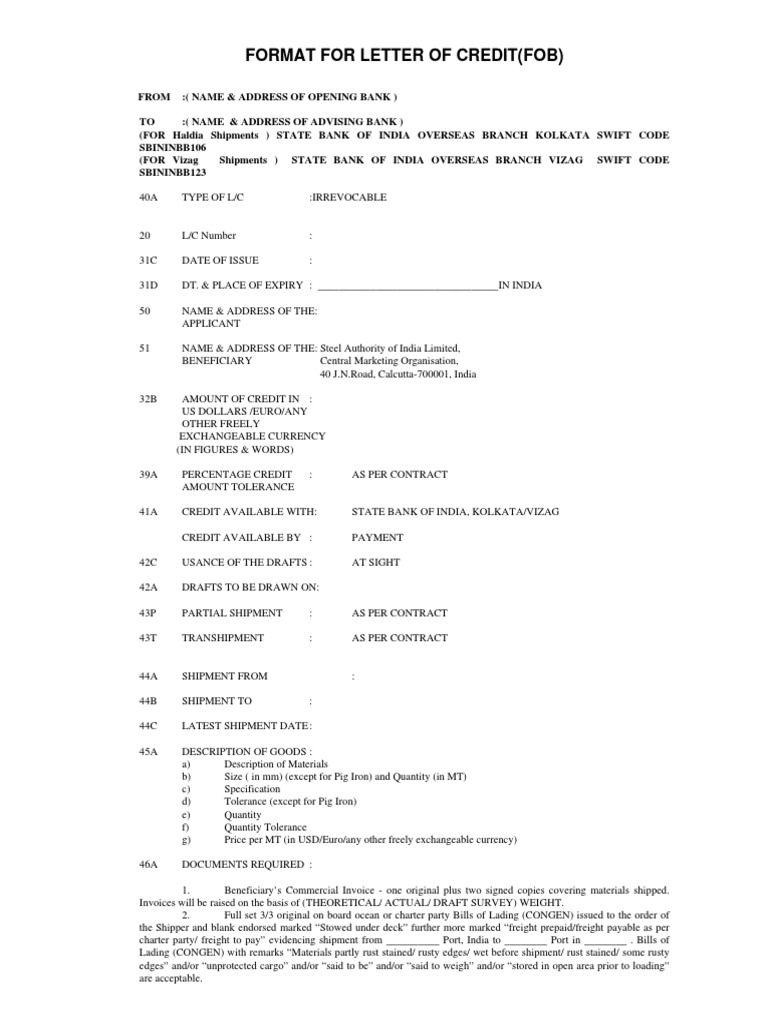Sample Lc | Letter Of Credit | Cargo