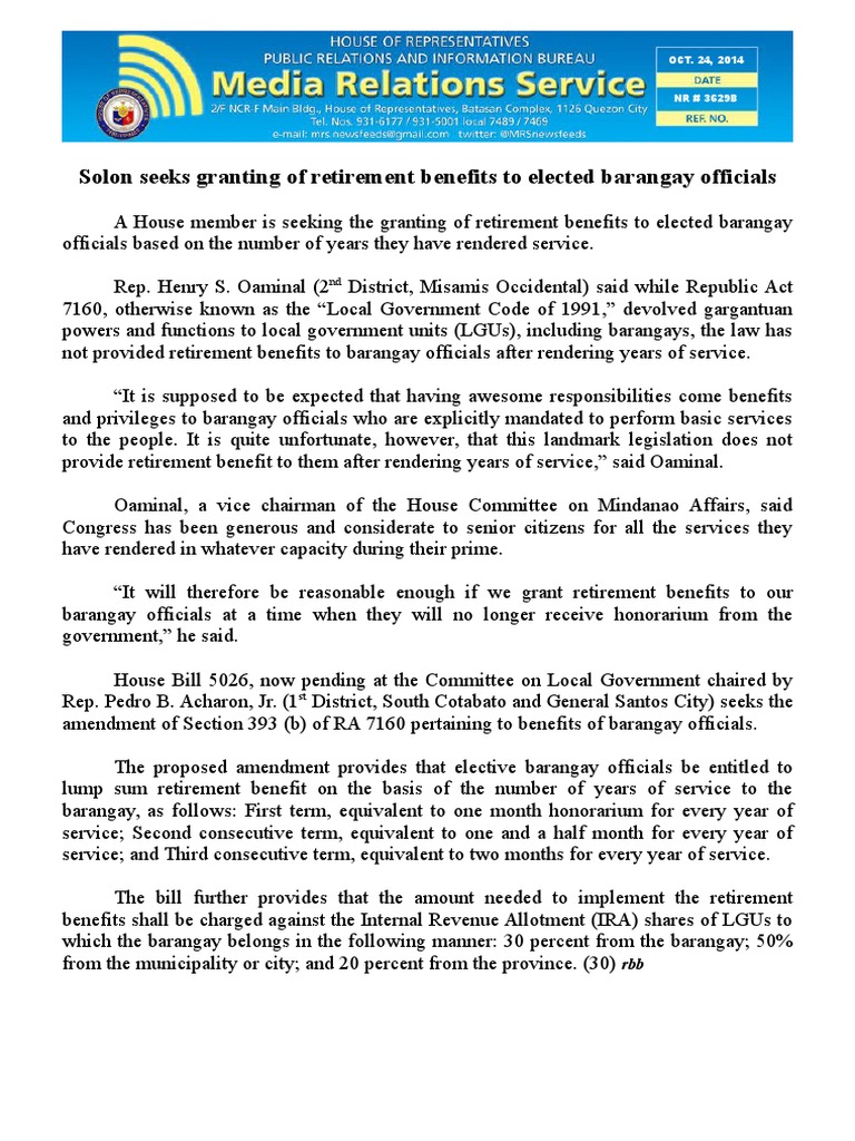Retirement Benefits for Barangay Officials | PDF