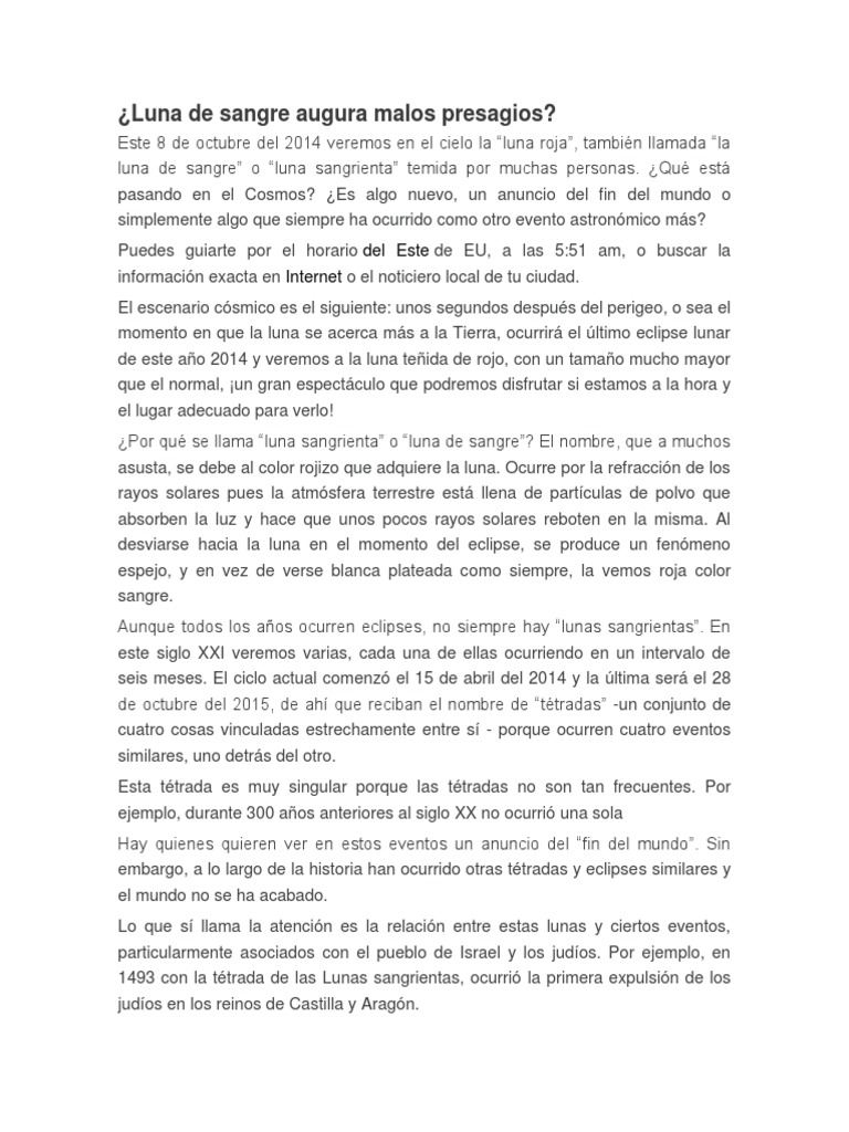 La luna de sangre de octubre de 2014 Un evento astronómico cargado de significados culturales y