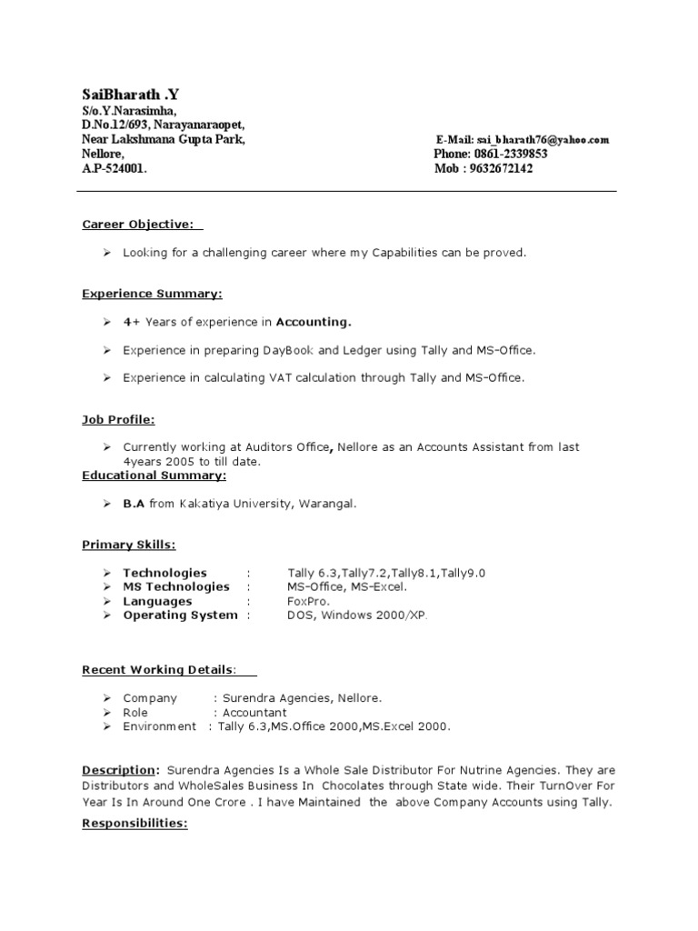 resume format for tally accountant