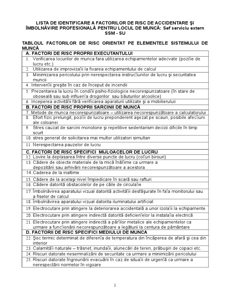Fisa de Evaluare A Riscurilor Sef Serviciu Extern SSM - SU | PDF