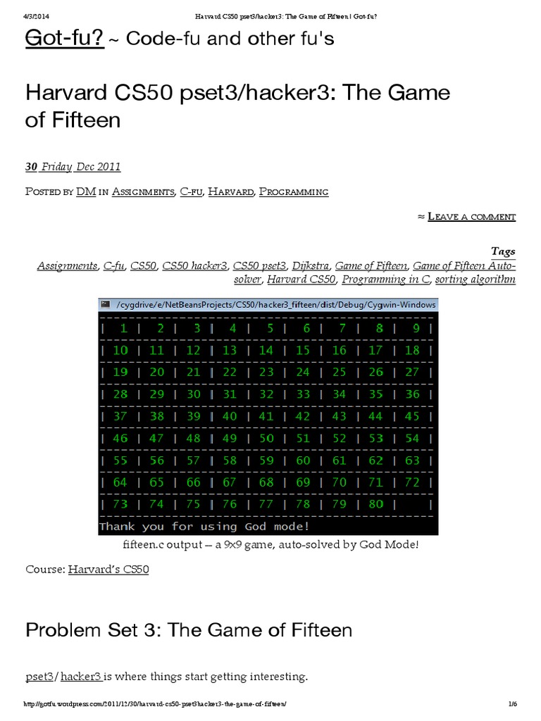 Harvard Cs50 Pset3 Hacker3 The Game Of Fifteen Got Fu Applied Mathematics Algorithms And Data Structures