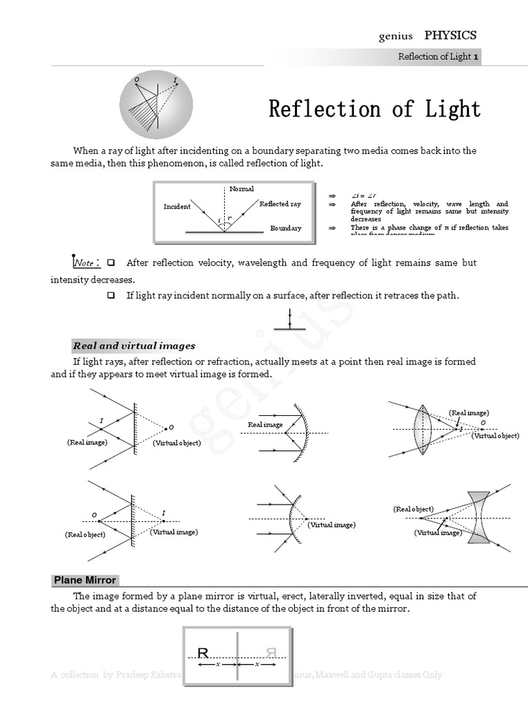 Ray Optics Notes Lens (Optics) Reflection (Physics)