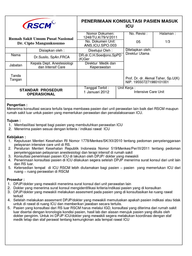 Prosedur Penerimaan Pasien ICU RSCM | PDF