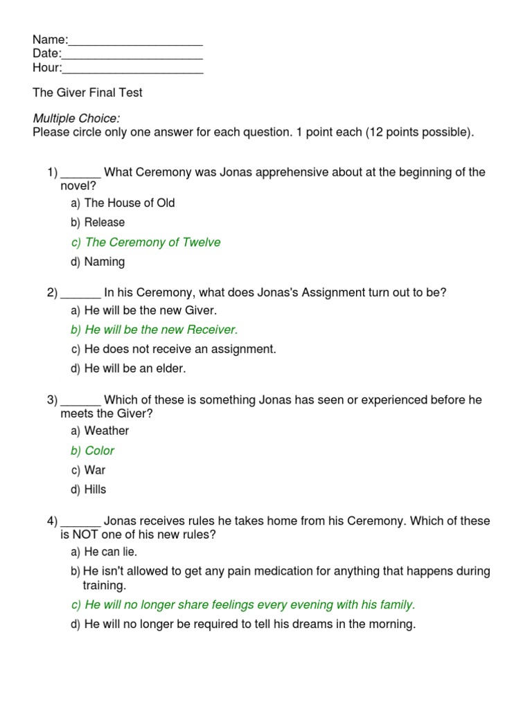 the giver book report questions