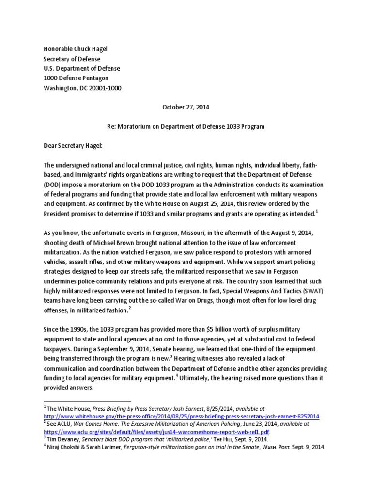 Military Surplus Weapons in Schools Letter To Secretary of Defense ...
