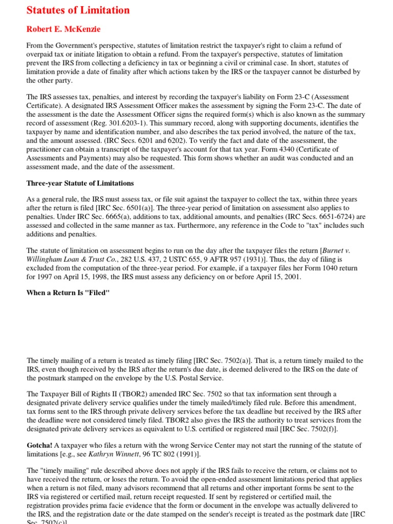 Statutes of Limitations PDF Internal Revenue Service Tax Return