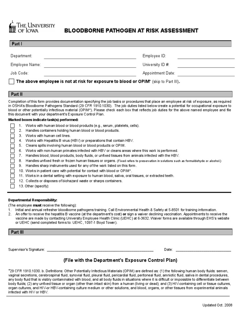 Bloodborne Pathogen Risk Assessment Form | PDF | Body Fluids | Medical ...