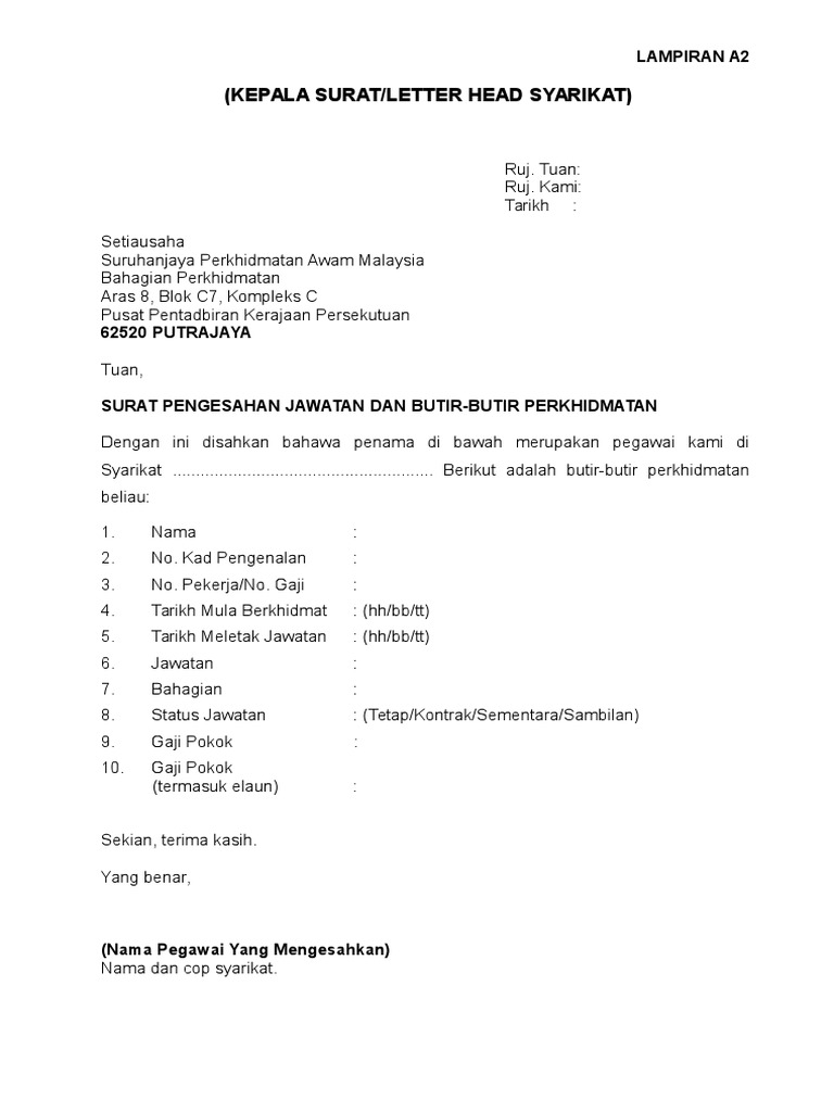 Contoh Surat Pengesahan Majikan