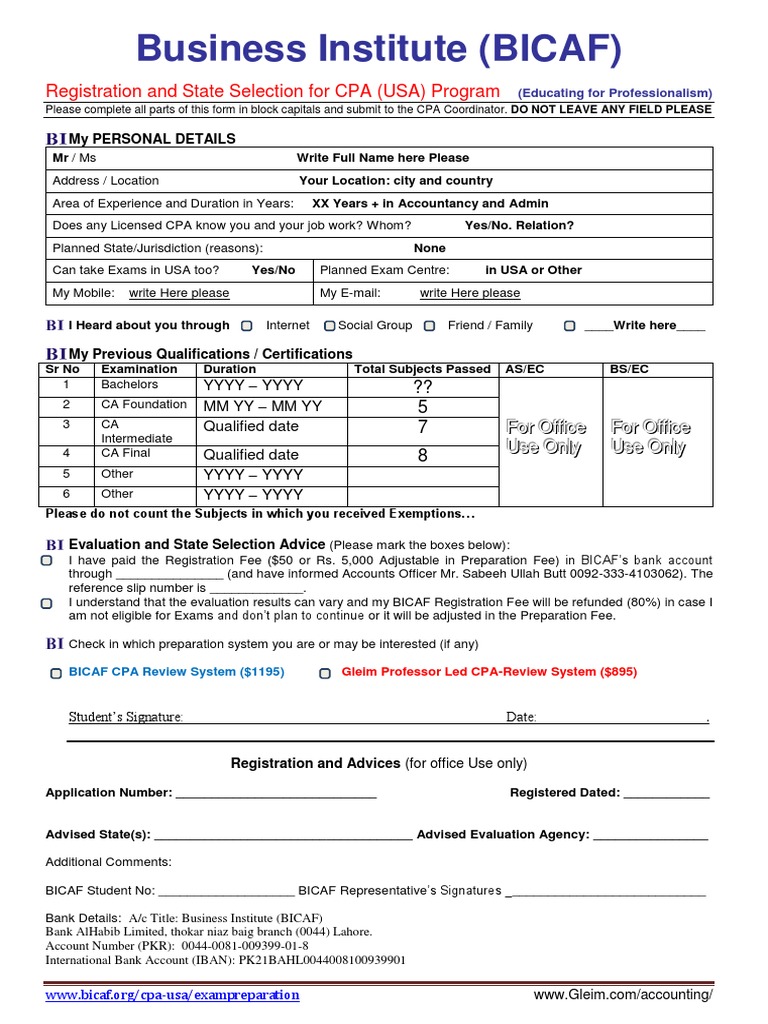 BICAF CPA Registration Form for Guidance of Credential Evaluation for