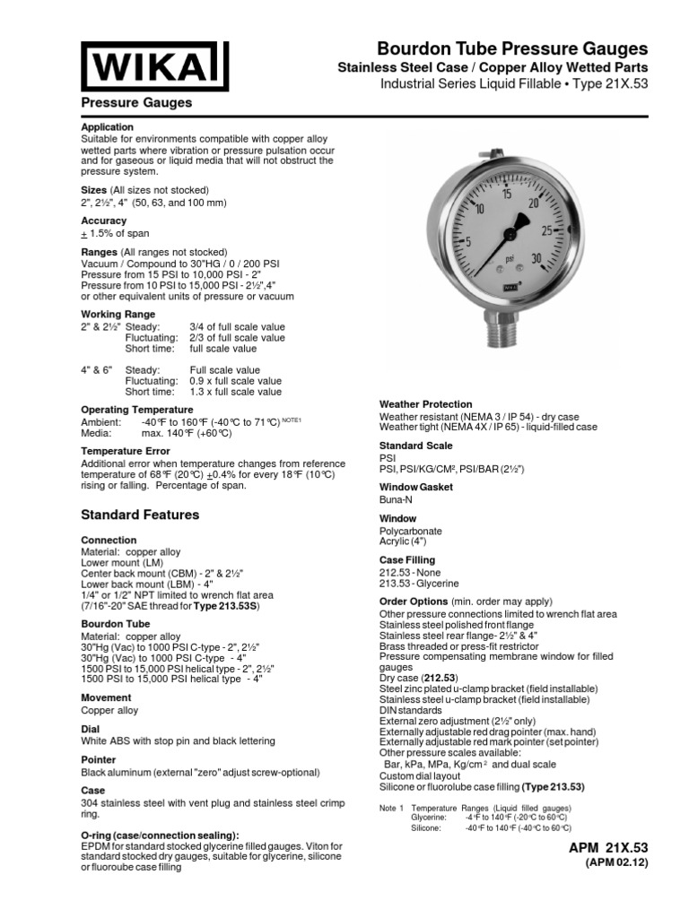 Bourdon Tube Pressure Gauges PDF Pressure Measurement Pressure