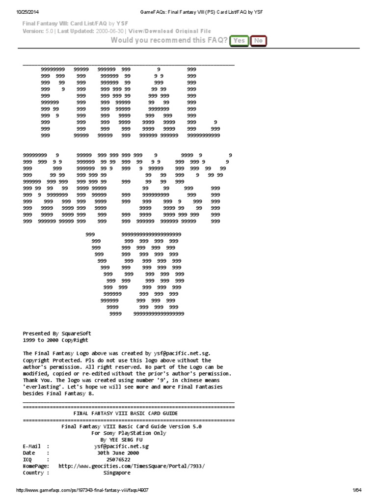 Gamefaqs Final Fantasy Viii Ps Card List Faq By Ysf Square Company Final Fantasy
