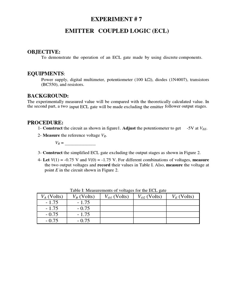 Emitter Coupled Logic PDF Voltage Logic Gate