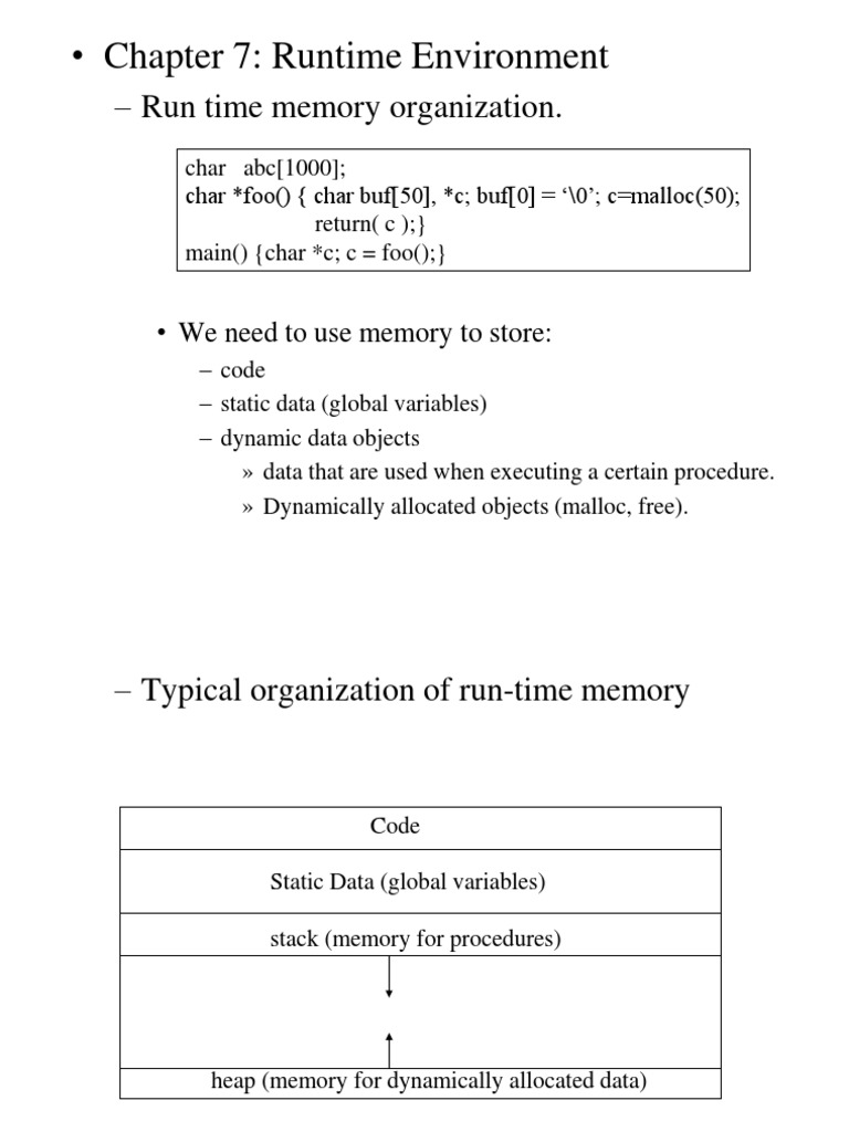 Chapter 7: Runtime Environment: - Run Time Memory Organization | PDF ...
