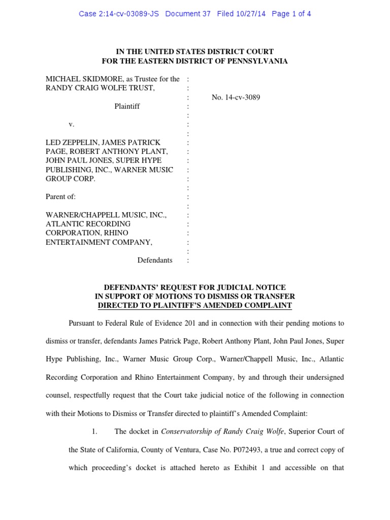 Randy California V Led Zeppelin Request For Judicial Notice PDF 