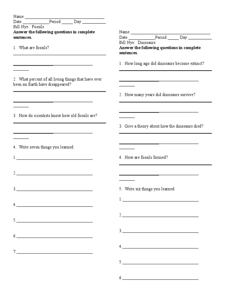 Bill Nye Fossils and Dinosaurs PDF Paleontology Dinosaurs