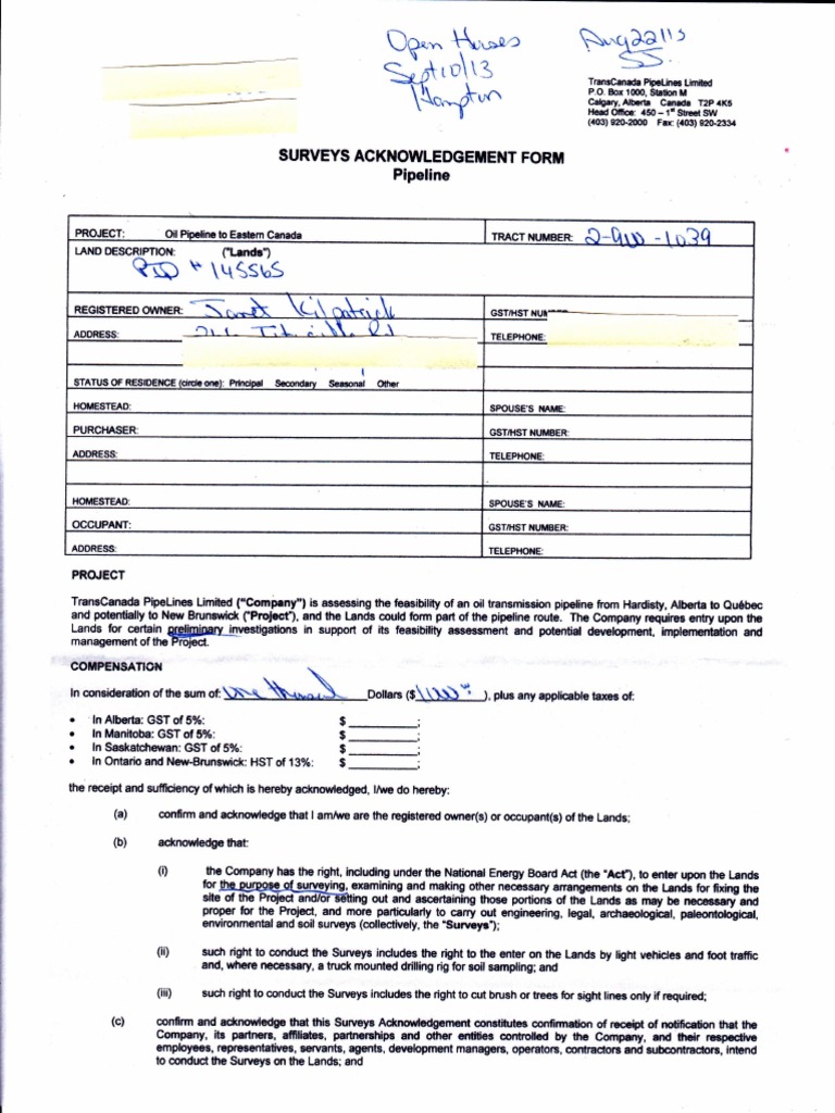 Acknowledgment Form for Pipeline Surveys | PDF | Law | Technology ...