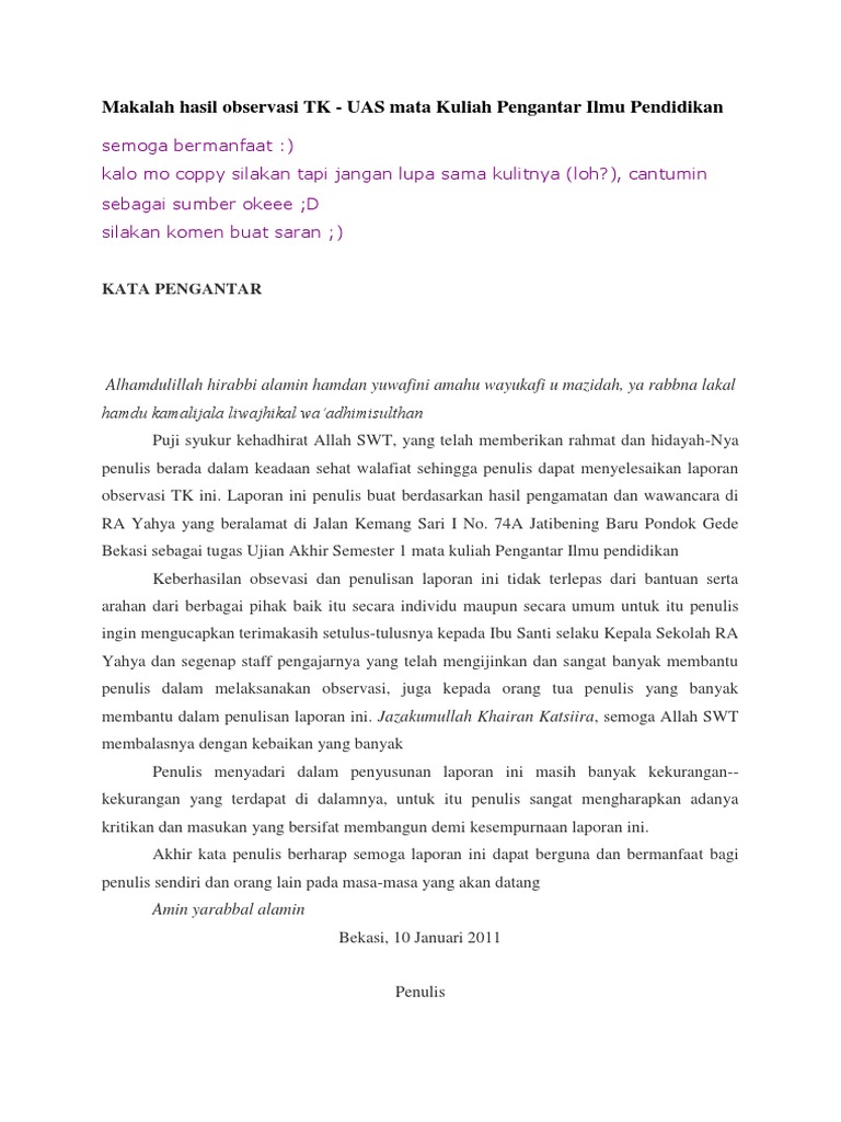 Contoh Laporan Observasi Di Tk