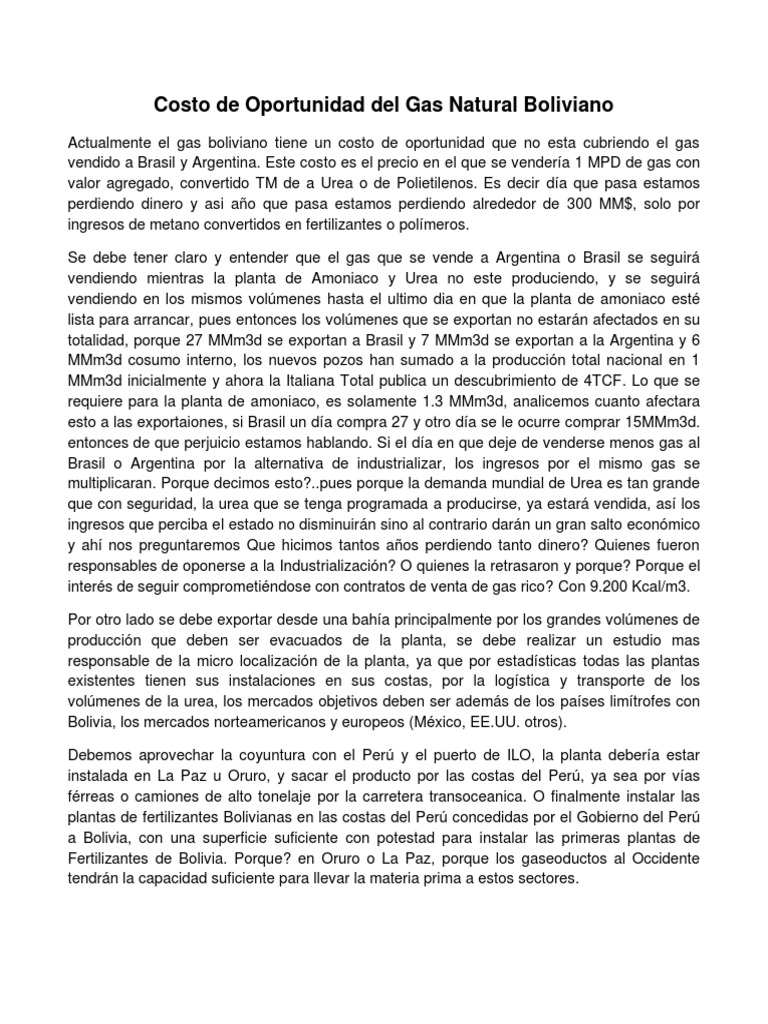 Costo de Oportunidad Del Gas Natural Boliviano PDF | PDF | Bolivia | Perú
