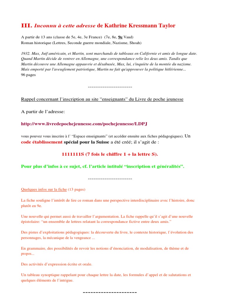 Inconnu à Cette Adresse Devoir 3ème Inconnu A Cette Adresse | PDF