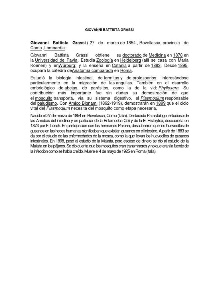 Giovanni Battista Grassi: Parasitólogo destacado | PDF | Ciencias ...