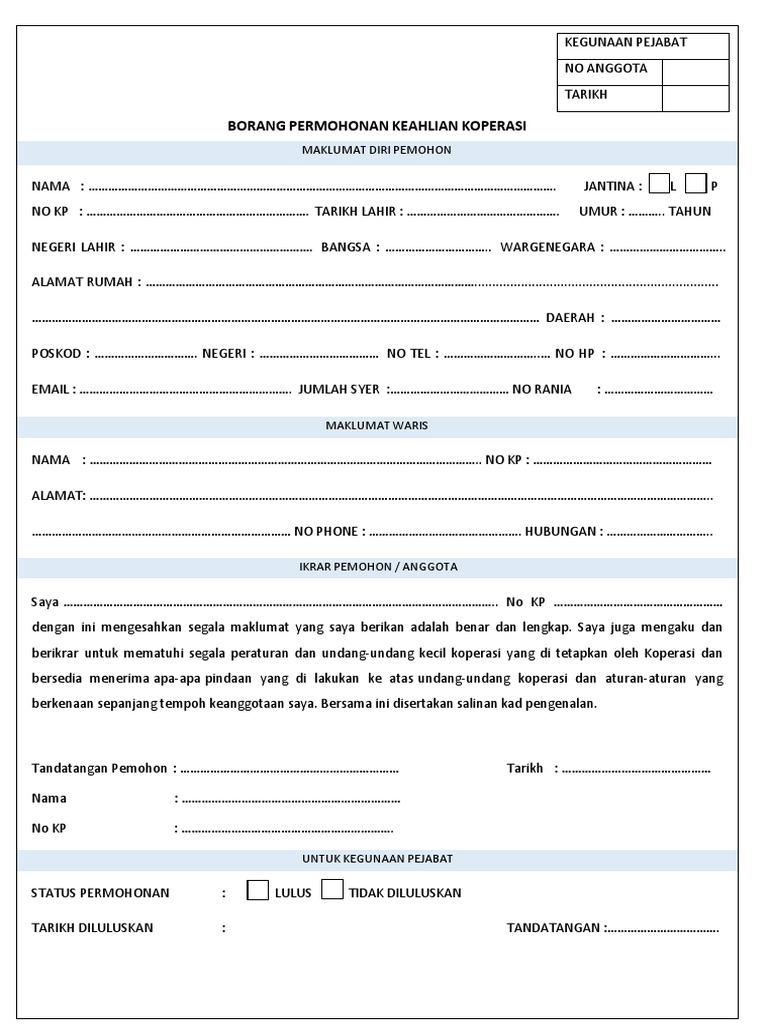 Borang Permohonan Keahlian Koperasi | PDF | Game & Aktivitas
