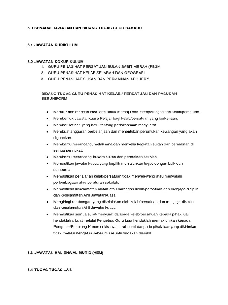 3 0 Senarai Jawatan Bidang Tugas Guru Baharu Pdf
